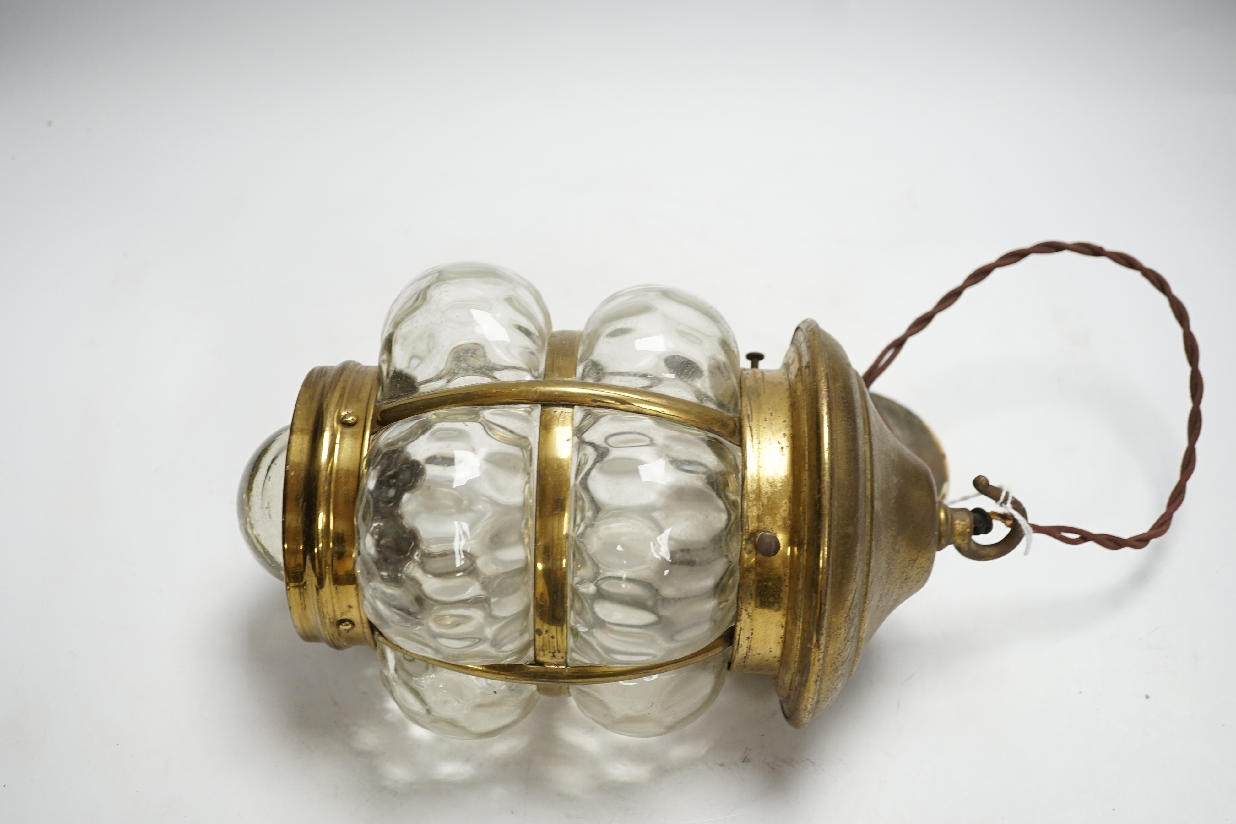 An early 20th century brass and glass hanging lamp fitting, 32cm high